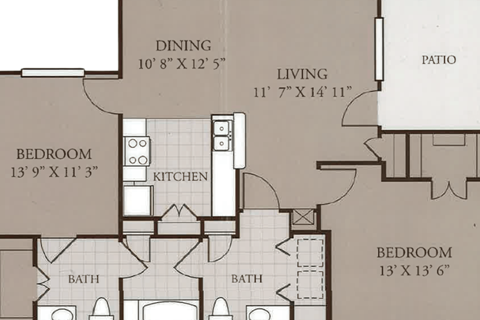 Floor plan for 2 beds, 2 baths, 1043 sqft